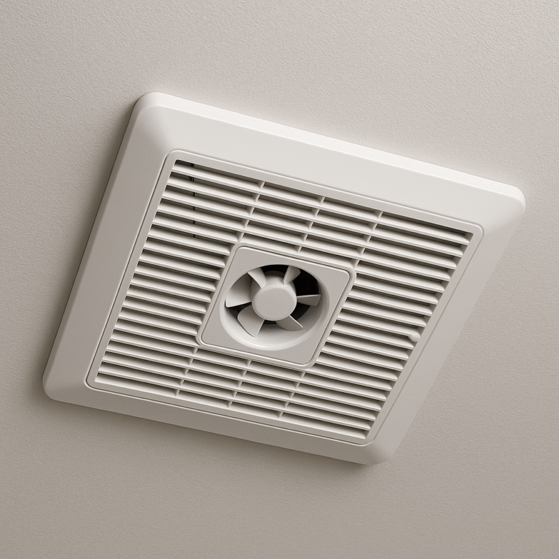 Ceiling-mounted extractor fan with sleek grille design and visible fan blades, installed flush against a clean white ceiling in Durban home.