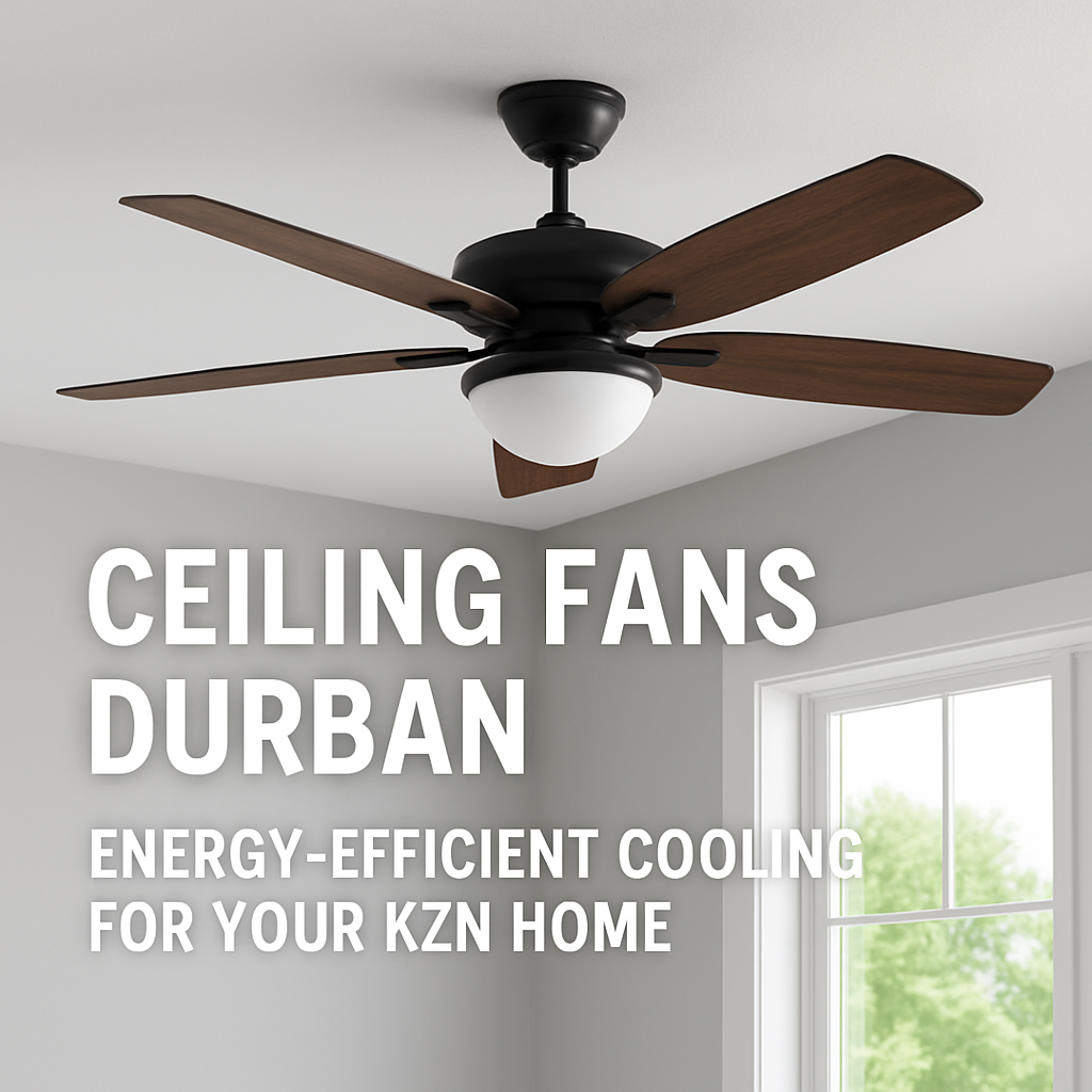 Energy-efficient ceiling fan with wooden blades in a bright Durban home, promoting cooling and comfort for KZN interiors.
