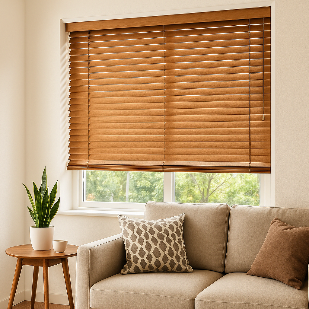 Modern living room corner with wooden horizontal blinds, soft neutral decor, and natural light filtering into the space.