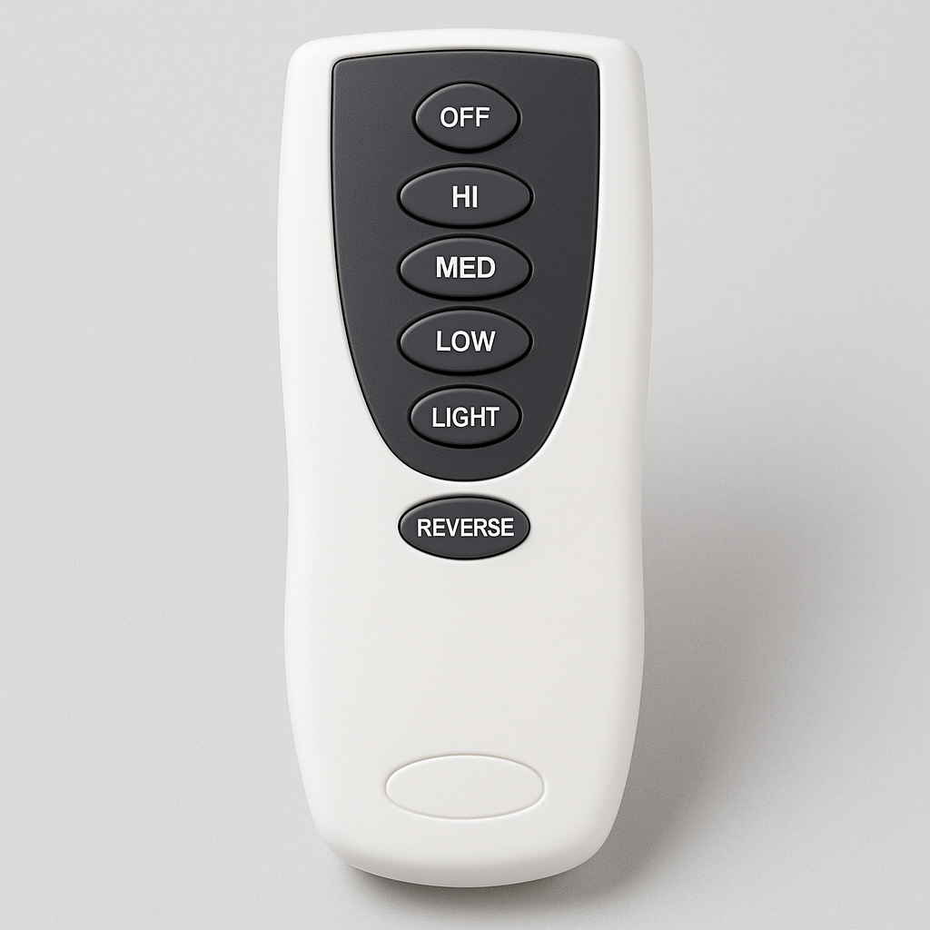 Universal ceiling fan remote control with speed, light, and reverse function buttons, captured in a minimalist studio setting.
